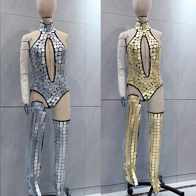 Sexy Pole Dance Outfit Silver Gold Mirrors Bodysuit Legs Sets Women Nightclub Ds Dj Gogo Costume Stage Performance Wear XS7659