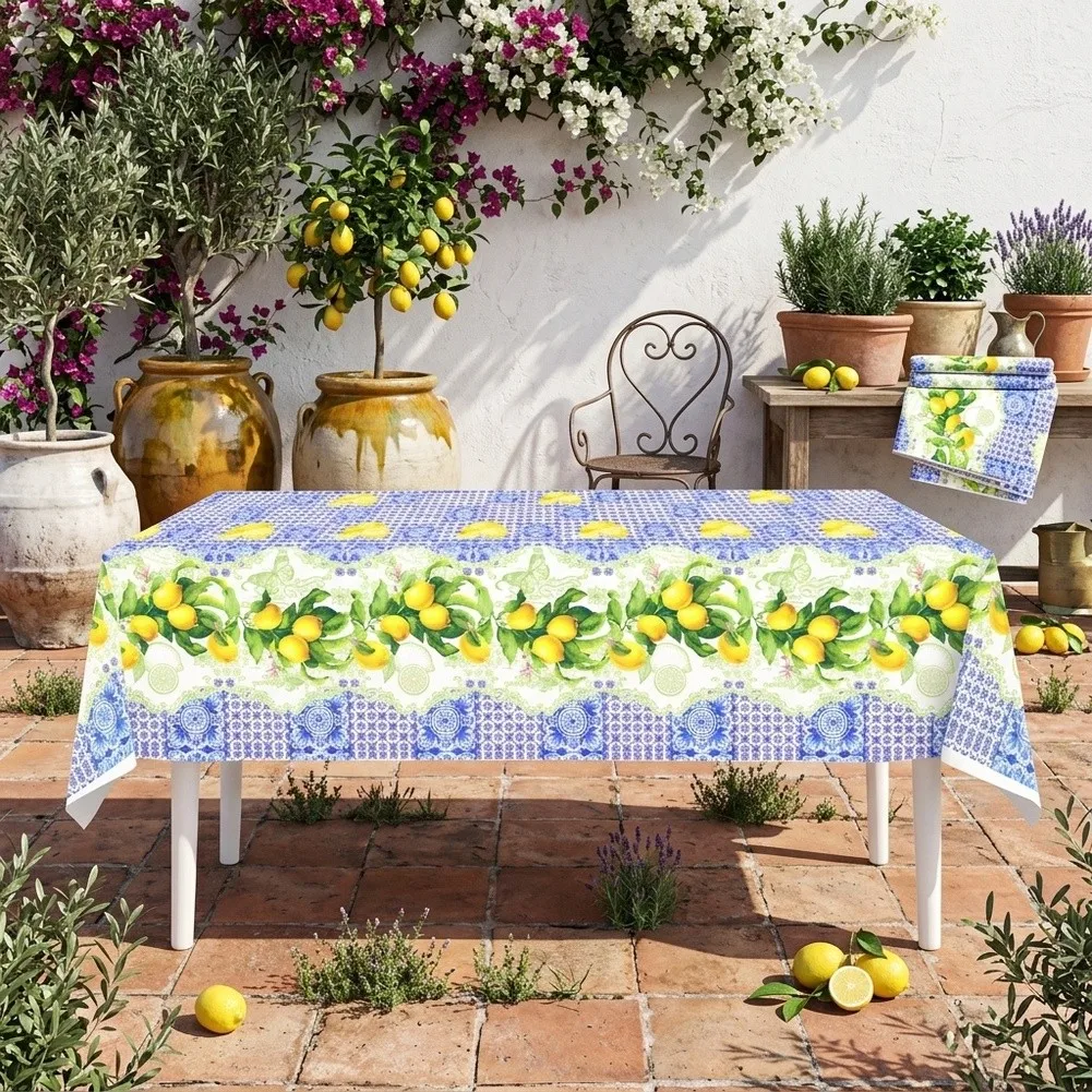3 Pack Lemon Motif Tablecloths - Waterproof PE Plastic Covers for 71x42.5 Inch Rectangular Tables and Party Use