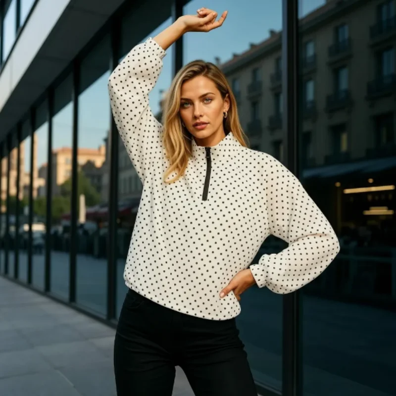 

Women's Sweatshirt New SummerEuropean and American Fashion Polka Dot Half-Zip Loose Long-Sleeve Sweatshirt Available in 5 Colo