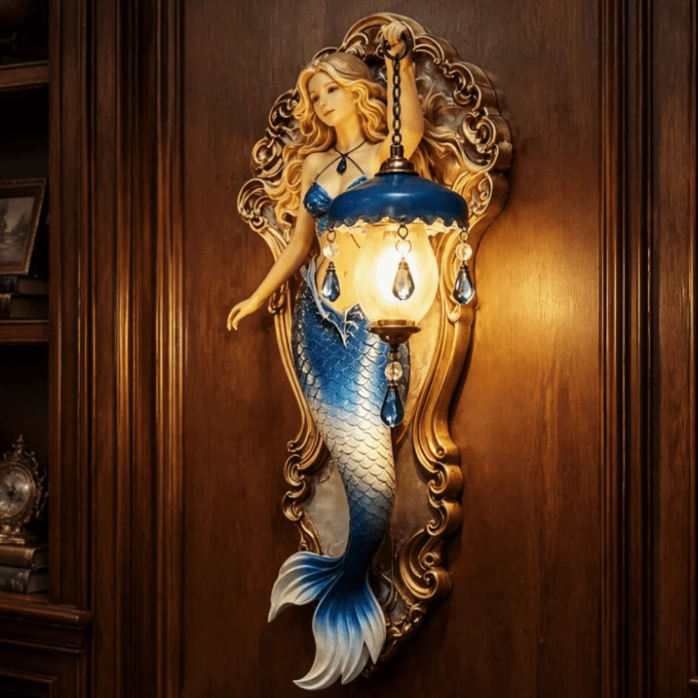 Resin Material Mermaid Wall Lamp Soft Ambient Light Crystal Pendant Resin Wall Lamp Mermaid Design Ocean Style