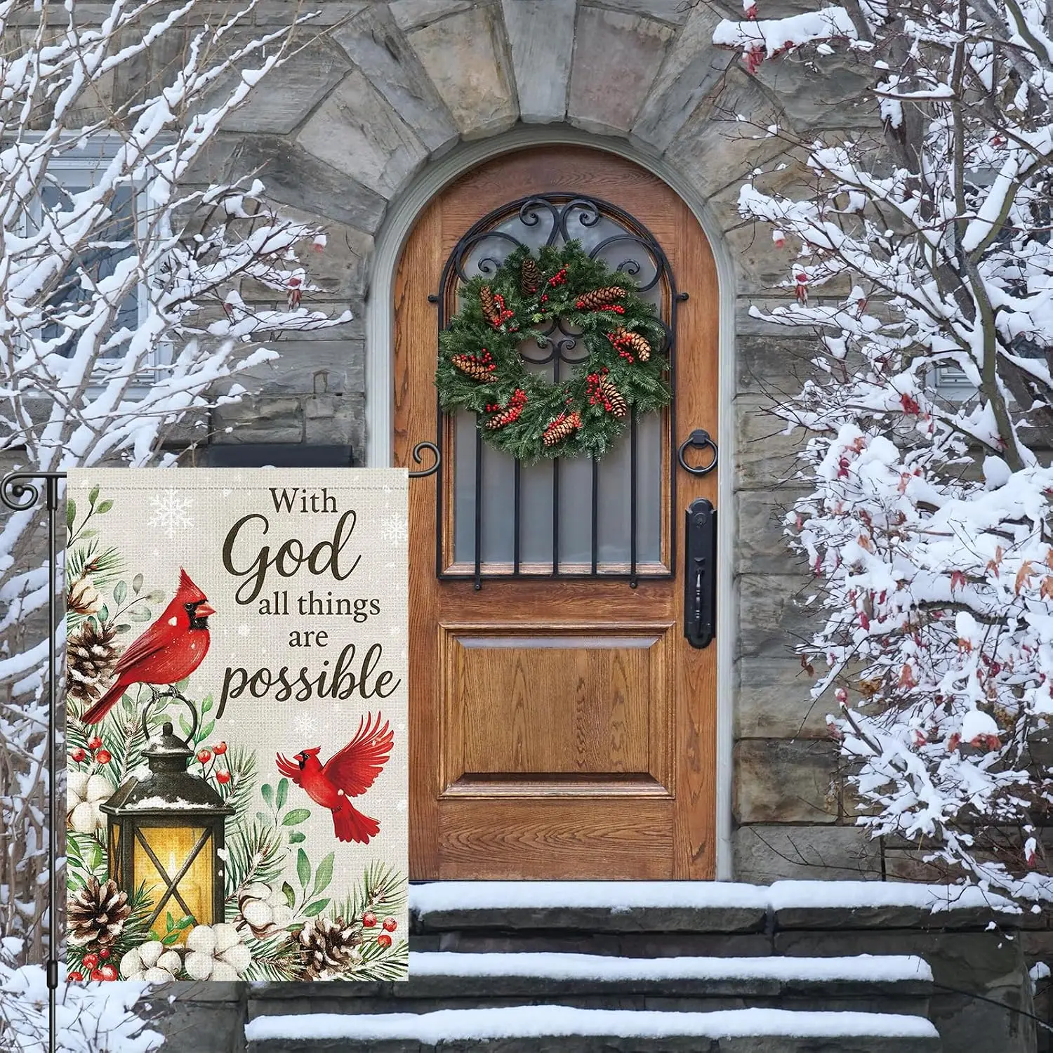 Louise Maelys Winter Cardinal Garden Flag Pine Tree With God All Things Are Possible 12x18 Inch Double Sided Welcome Holiday uui