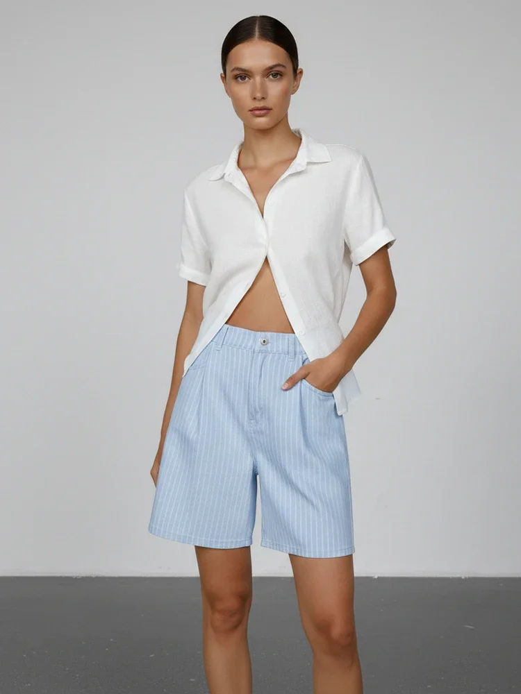 

Женские шорты с высокой талией в полоску, летние, свободного кроя, повседневные, средней длины, с карманами, новинка лета 2026, однотонные шорты-бермуды