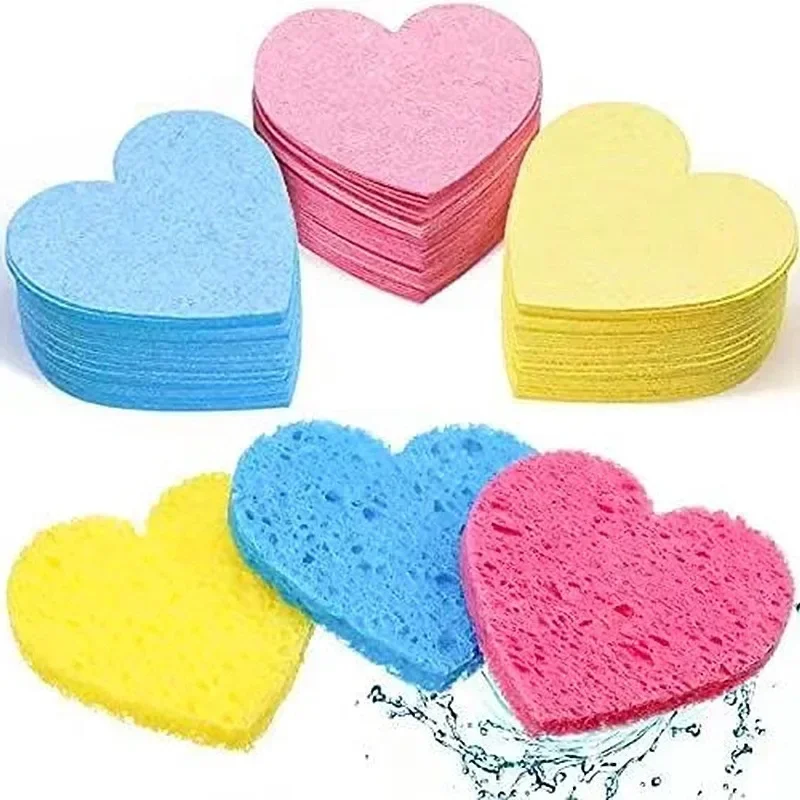 10PCS Reusable Makeup Removal Sponge Heart Shaped  Natural Cellulose Wood Pulp Cotton Face Cleaning Sponge Pad Cosmetic Puff