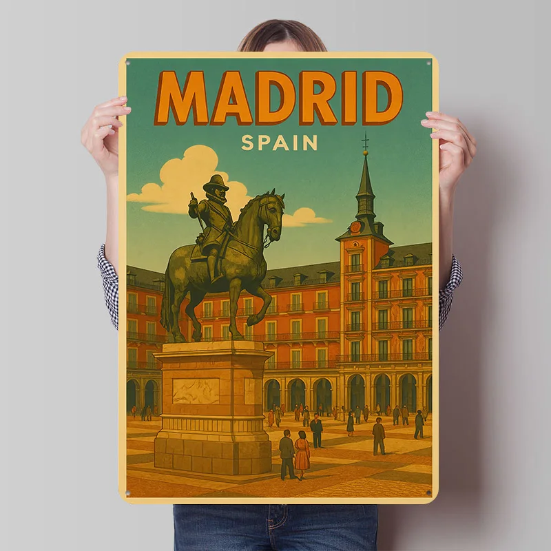 Madrid Spanien Reise-Kunst Metallposter Maßgefertigte Wandkunst Retro Vintage Blechschilder für Männerhöhle Wohnzimmerdekoration Gemütliches Zuhause