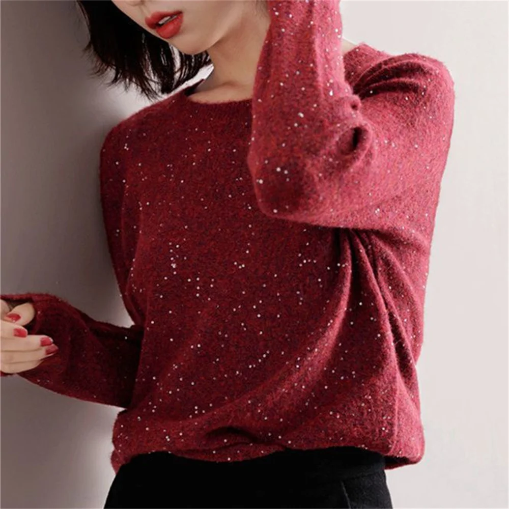 Korean Fashion sweater women's 2024 autumn winter new solid color shiny wool Pullover Sequin bottomed sweaters Basic outerwear