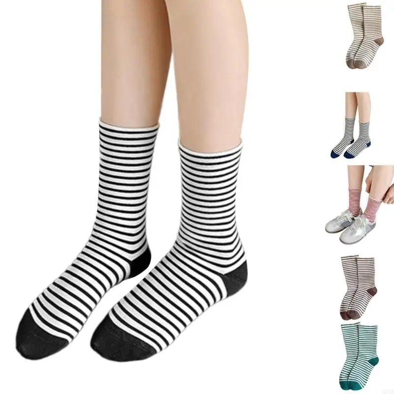 573B Women Japanese Korean Colorful Striped Cotton Middle Tube Socks Harajuku Aesthetic Students Athletic Middle Calf Socks