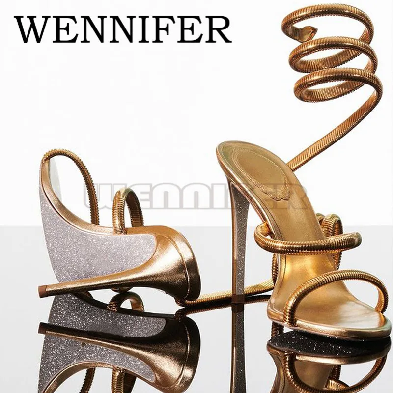 Gold-tone 95mm Coiled Ankle Strap Sandals Round Open Toe Calf Leather Sandals Ladies Party Dress High Stiletto Heels Sandalias