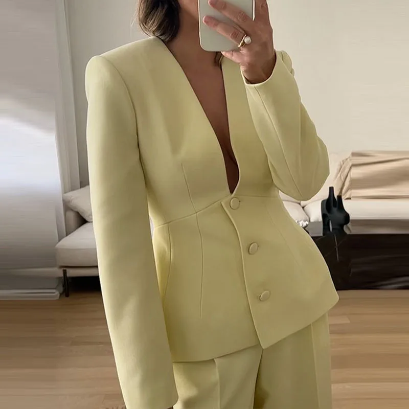 여성 패션 싱글 브레스티드 심플 아우터코트 2025 캐주얼 긴 소매 허리 재킷 우아한 브이넥 긴 소매 솔리드 블레이저 탑스