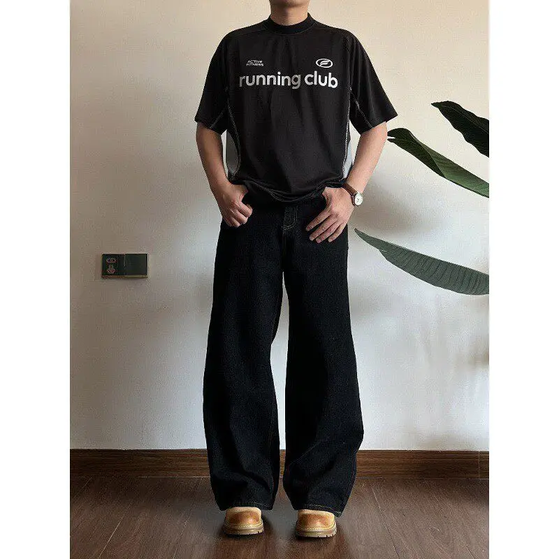 

Washed Black Wide Leg Loose Fit Vintage American Style Jeans Cleanfit Streetwear Straight Cut Trousers mid Waist Drawstring