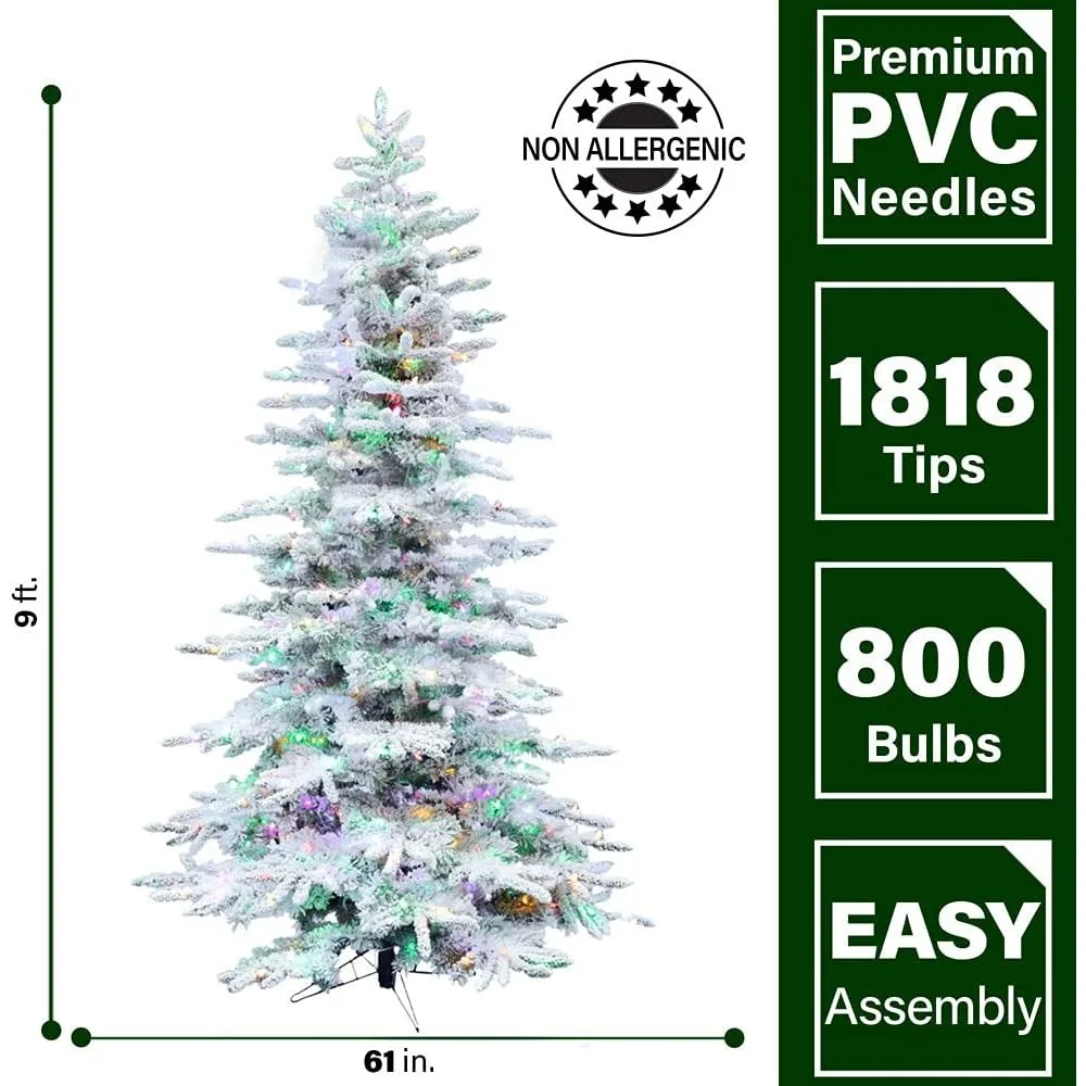 9-ft. Pine Valley Flocked Christmas Tree with Dual Multicolor & Warm White LED Lights, Snowy Xmas Tree