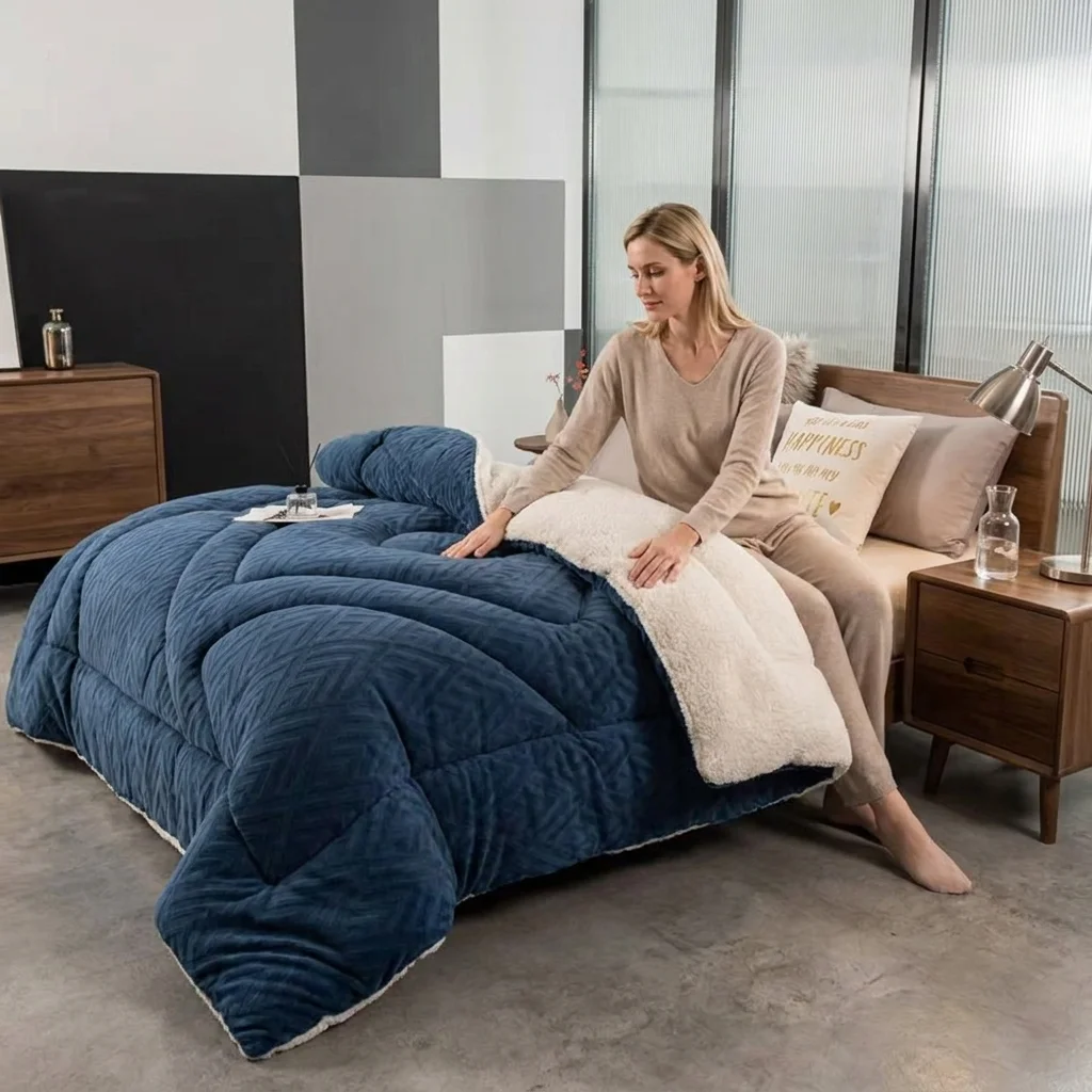 Winter Cut Pile Velvet Thick Quilt: A Warm  Soft  And Comfortable Blanket Suitable for All Four Seasons. Available In 5 Sizes Ranging From Single to King  It Features A Geometric Stripe Pattern Design And Is Machine-washable.