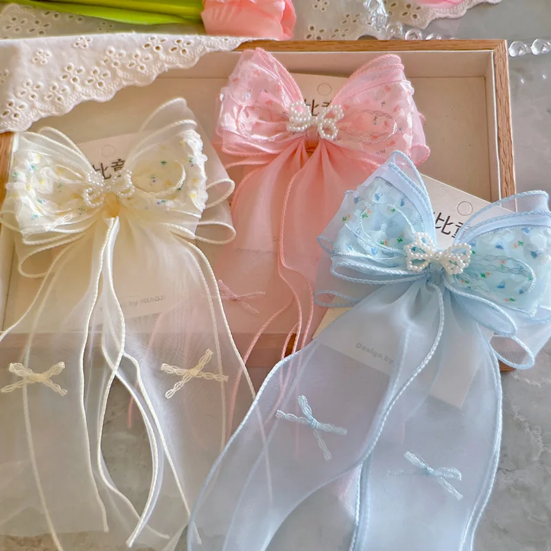 

Spring New Floral Pearl Bow Girls Top Hair Clip Fairy-like Short Ribbon Hair Accessory for Kids Party