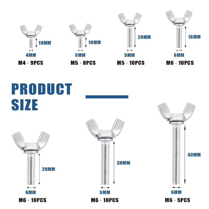 62pcs M4 M5 M6 Butterfly Wing Bolts Stainless Steel Hand Tighting Wing Head Thumb Screws Claw Hand Tighten Wing Screws