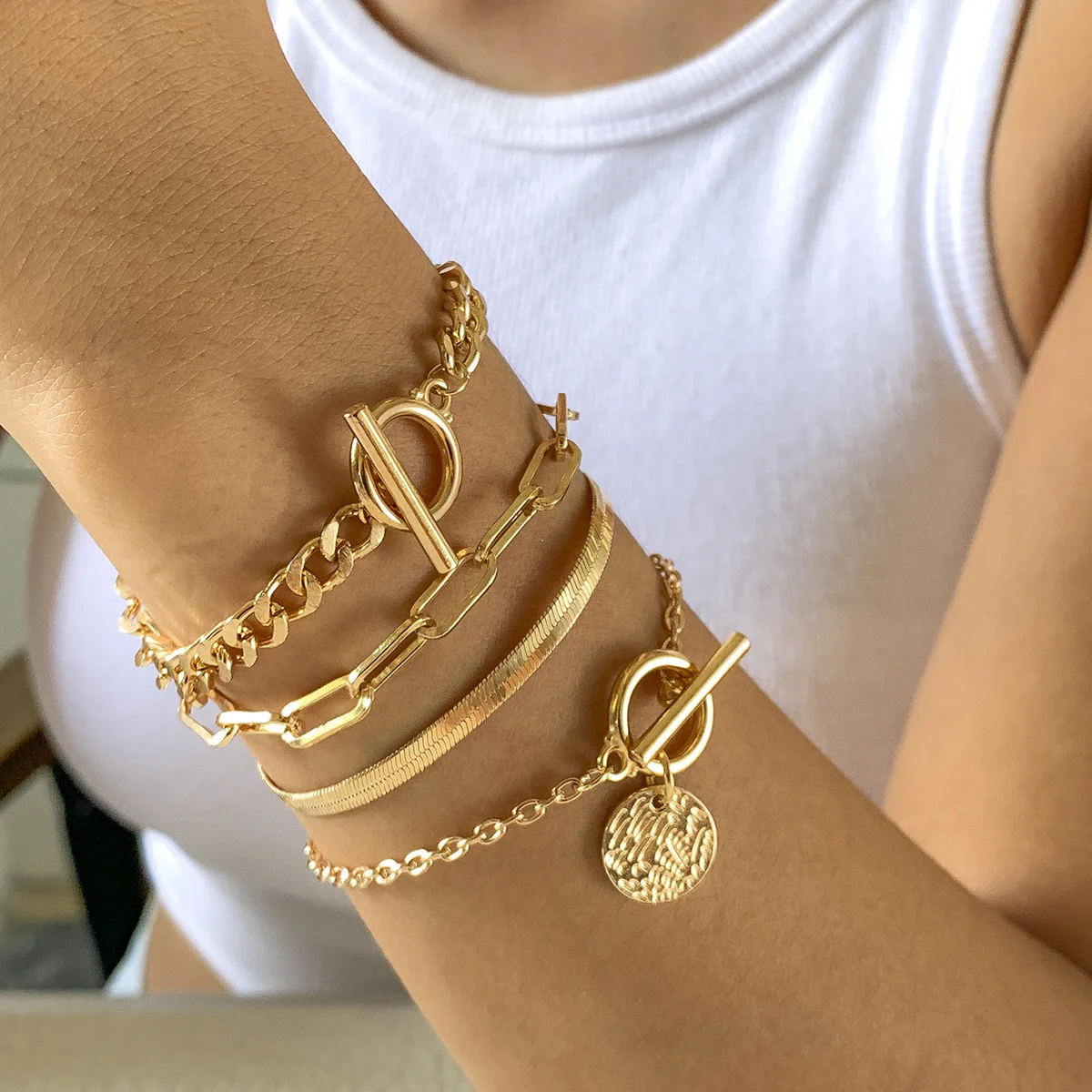 CARLIDANA Luxury U Shaped Metal Chain Bracelet 2pcs Set Fashion Hiphop Flat Snake Chain Bracelet Gold Color Jewelry for Women