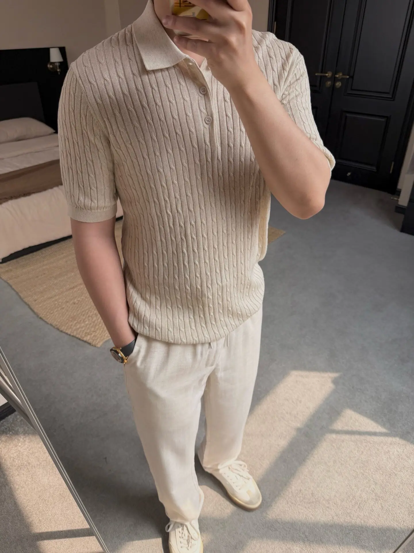 Old Money  Style Lyocell Linen Knit Short Sleeve Polo Shirt for Men Cable Knit Breathable Summer Top