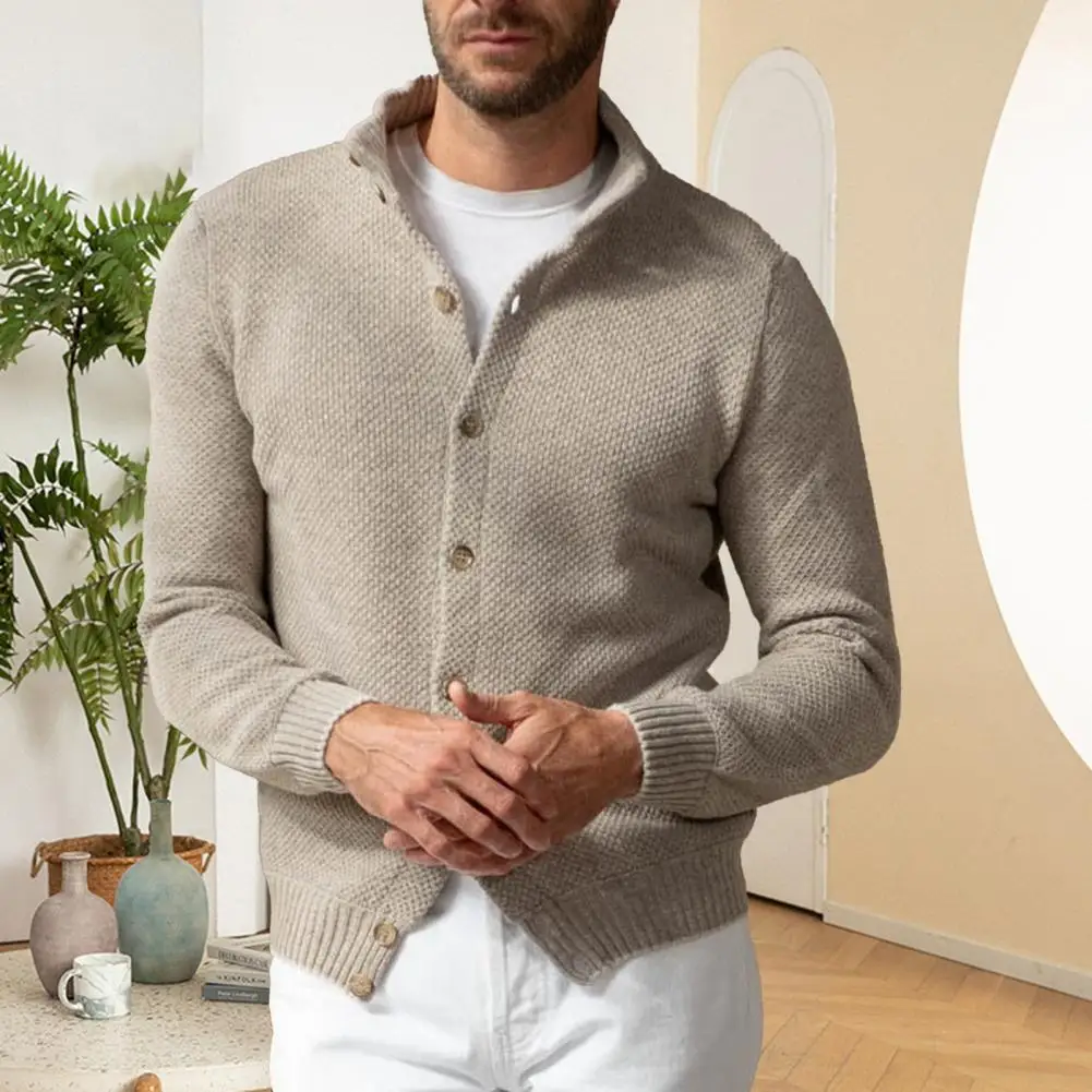 Solid Color Men Sweater Men\'s Fall Winter Knitted Cardigan Coat with Stand Collar Single-breasted Buttons Solid Color for Daily