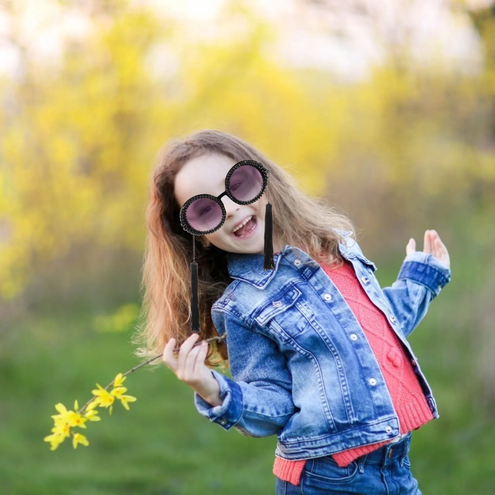 

Vintage Round Black Tassel Sunglasses Unique Creative Eyewear Party Photo Prop Fashionable Durable Women Sunglasses Chic