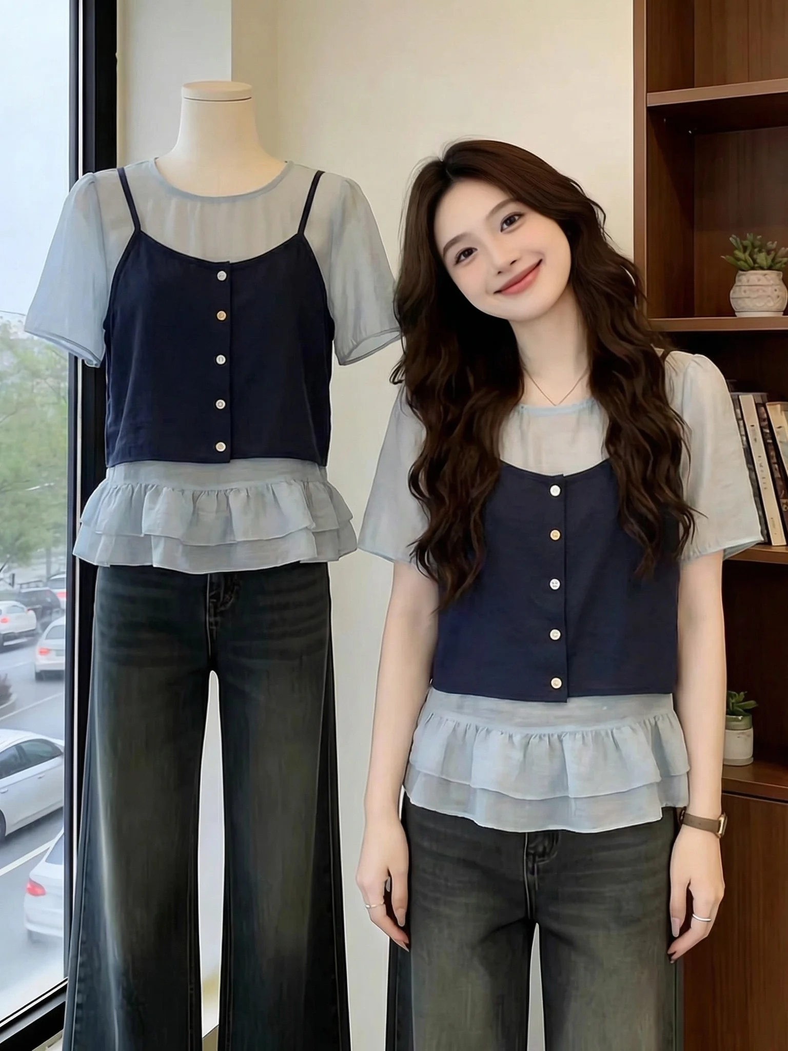 

Summer New Women's Short Sleeve Chiffon Shirt Loose Fit round Neck Commute Style Korean Version Frou Frou Hem Top