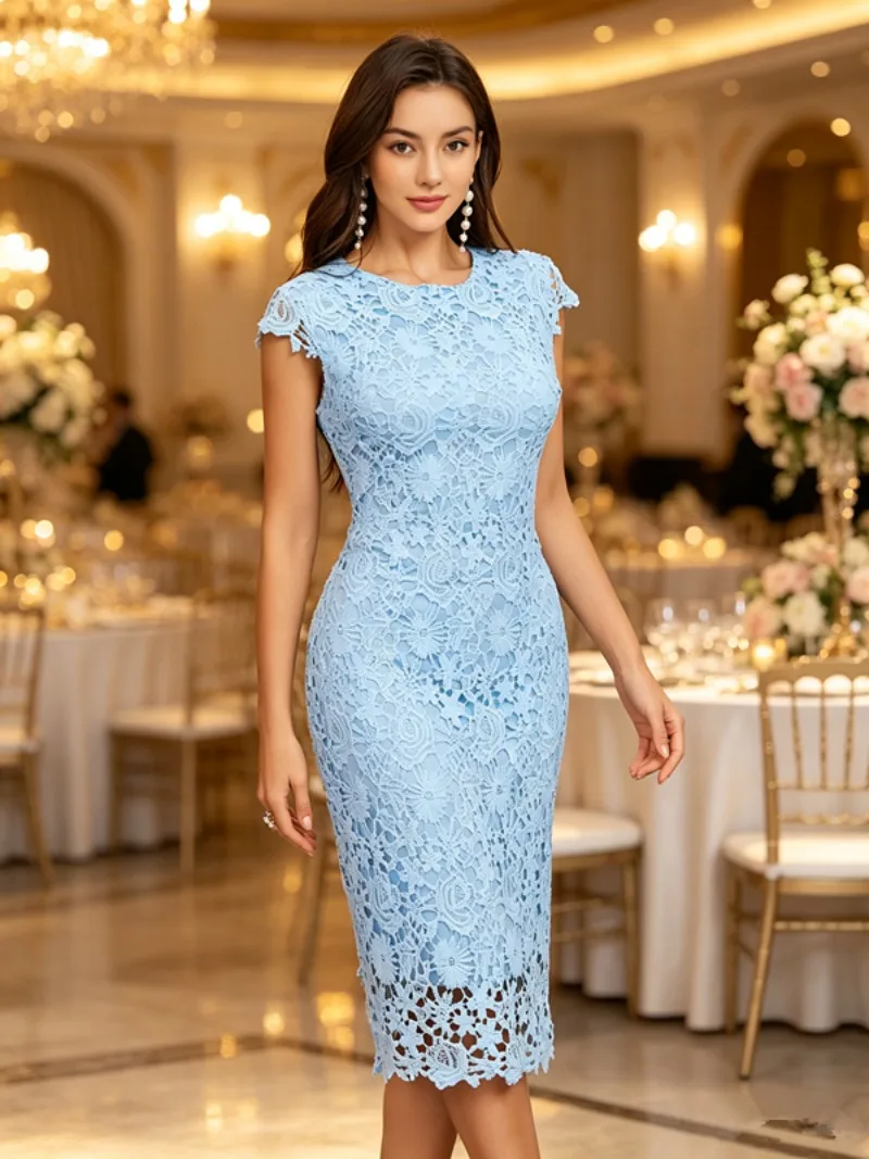 Elegantes Damen-Korsett mit Ausschnitten, Enges Partykleid, Bürodame Neues Sexy Kurzarm-Kleid mit O-Ausschnitt, Schlankes Spitzen-Bodycon-Abendkleid – Detail 10