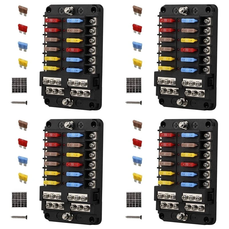 4 Set 12V 12 Way Marine Fuse Block Fuse Panel With Ground & 12 Volt Fuse Box For Car Automotive Boat RV RZR-L94A
