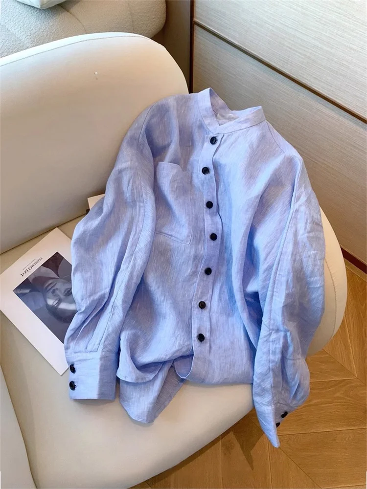 Blusa de Lino Entallada Azul con Cuello Csero, Estilo Premium para Mujer, Otoño, Primavera, Cálida, Manga Larga, Moda Coreana