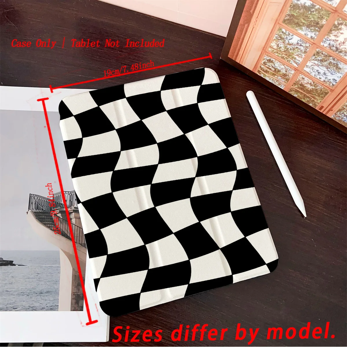 حافظة iPad بنمط شبكي باللونين الأبيض والأسود - غطاء متين مقاوم للصدمات لهاتف Apple Pro/Air/Mini