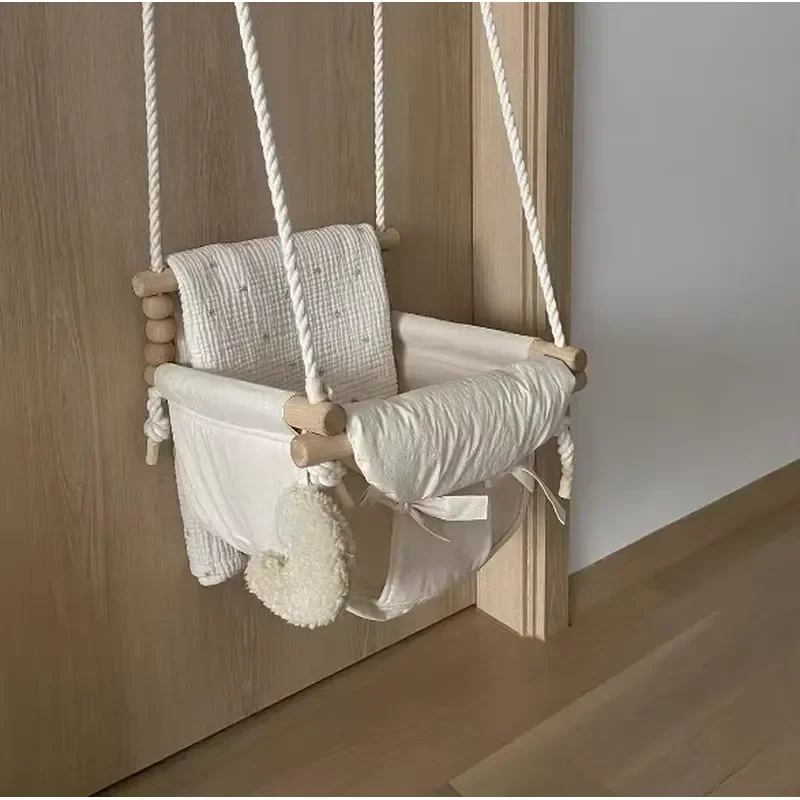 Newborn Wooden Hanging Rocking Chair Comfortable Baby Swing Seat for Hotel Nursery Infant Play Cradle Belt Included