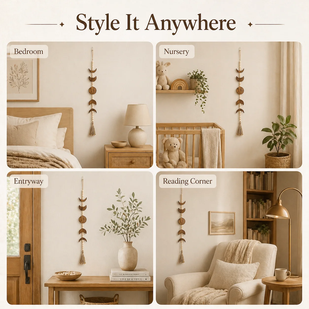 Boho Mondphasen Wandbehang Holzperlen-Girlande mit Quaste für Schlafzimmer Wohnzimmer Kinderzimmer Dekoration – Detail 4
