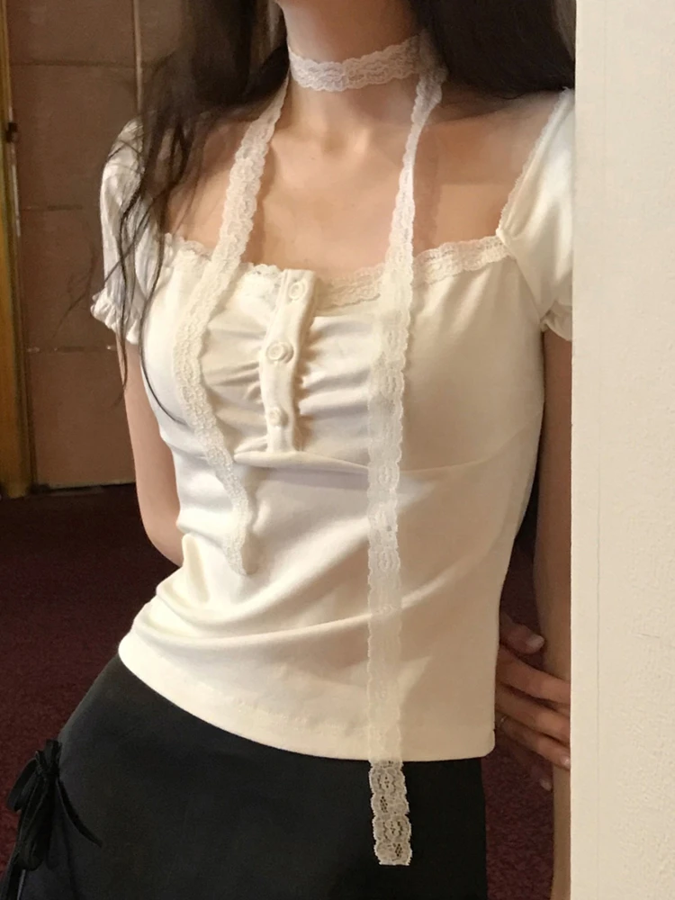 قميص نسائي صيفي أنيق من Amyway بياقة مربعة وأكمام قصيرة مع ربطة عنق، تصميم شبابي مناسب للعمل