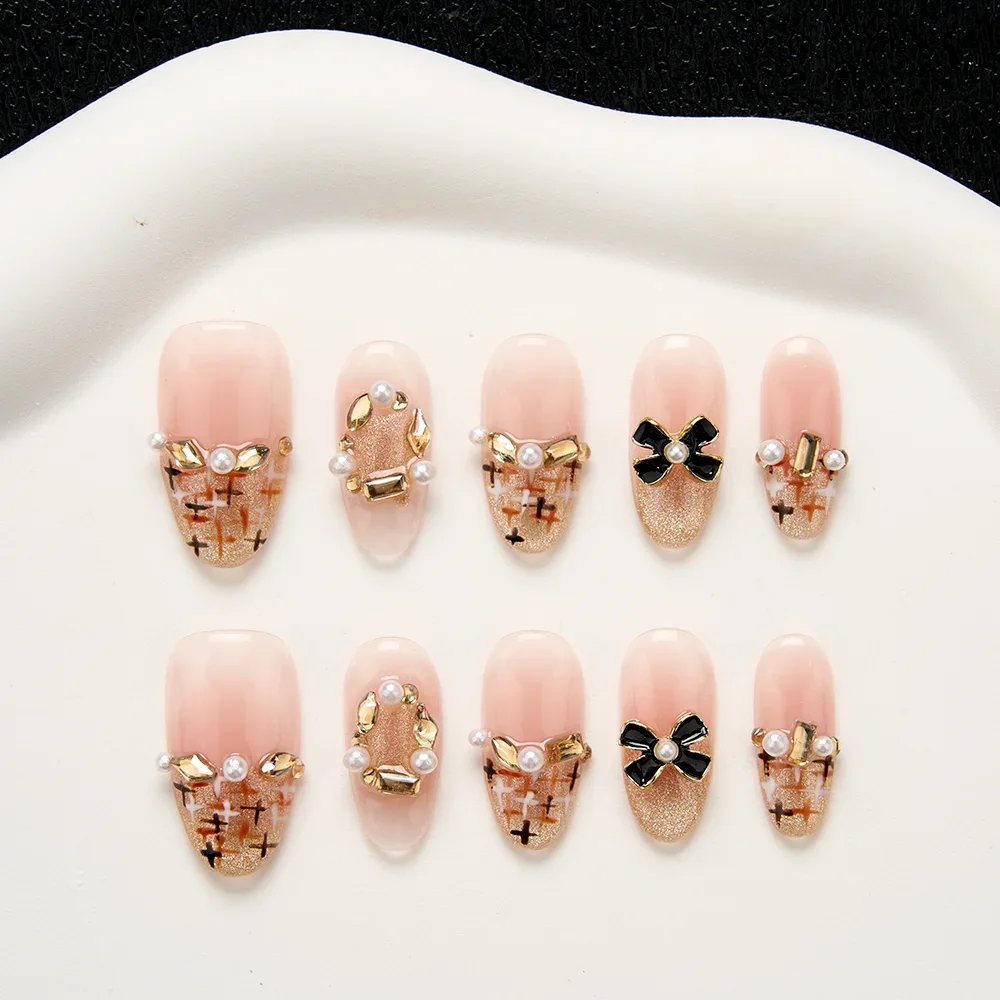 10Pcs Caramel Glitter French Nail Tips Handmade Elegant False Nail with Pearl&bow Decor for Women&Girl Daily,Party Wear Nail Art