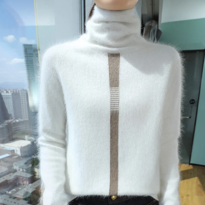 Autumn/Winter New 100% Mink Cashmere Sweater Women's Clothing High collar Knitted Pullover Fashion Korean Contrasting Color Tops