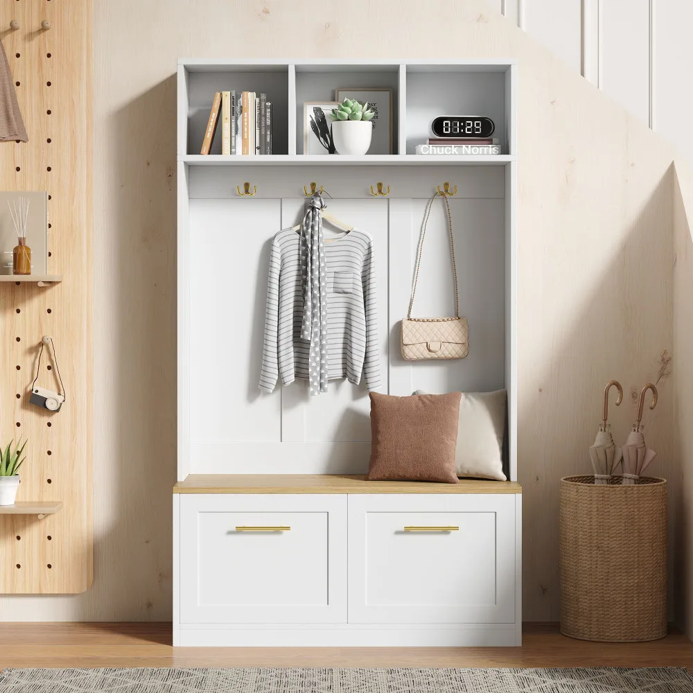 PINGGO Naturweißes Kompaktes Kleiderschrank-Set mit Sitzbank 2 Türen Offene Aufbewahrung 4 Haken 105x40x180cm – Detail 7
