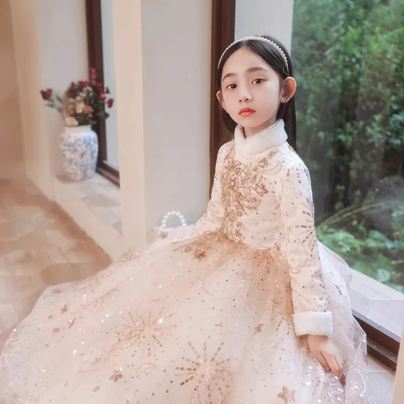 

Girls' Long Sleeve Thickened Birthday Princess Dress2025New Flower Girl Violin Children's Simple Sweet Piano Dress