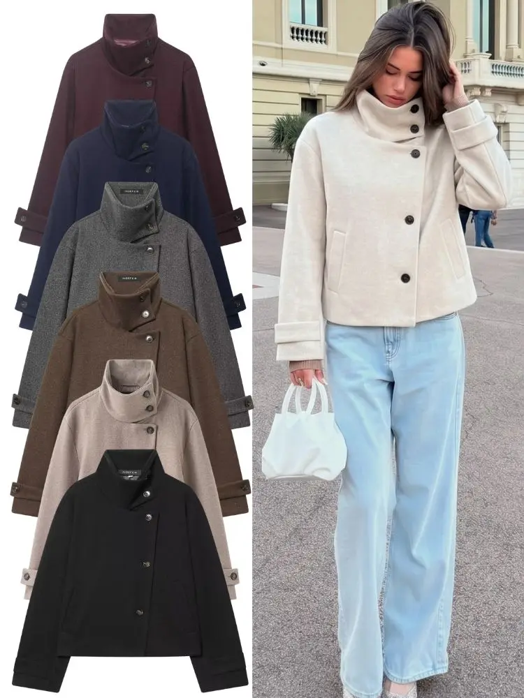 

HH Elegant Women's Wool Blend Short Jacket 2026 Autumn Winter Stand Collar Single Breasted Long Sleeve Cropped Outdoor Coat