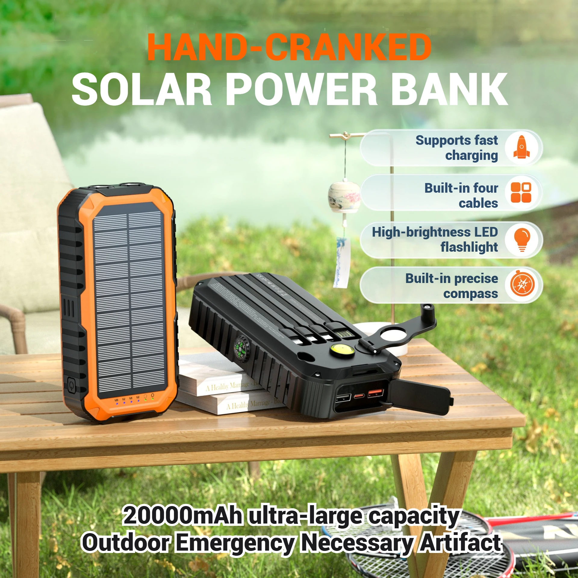 Многофункциональный блок питания с ручным управлением и солнечной батареей — быстрая зарядка, большая емкость (20000 мАч) с 4 встроенными кабелями
