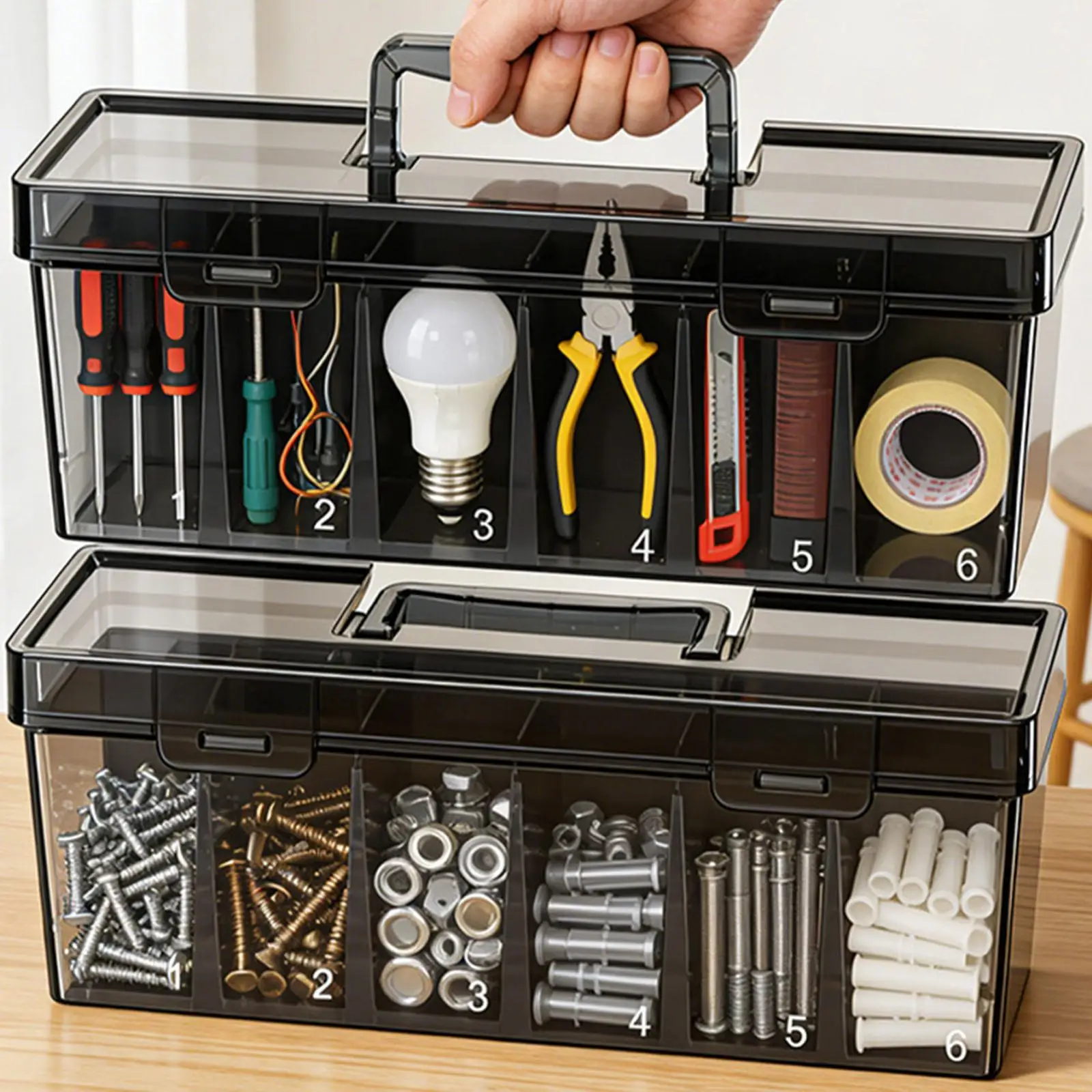 Heavy Duty Toolbox Storage Case Clear Compartment Organizer for Hardware Tools Garage Studio