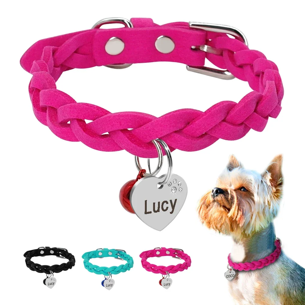 Suede Leather Personalized Dog Cat Collar Free Engraving Puppy Kitten Bell Collars Braided Neck Belt With Engraved Heart ID Tag