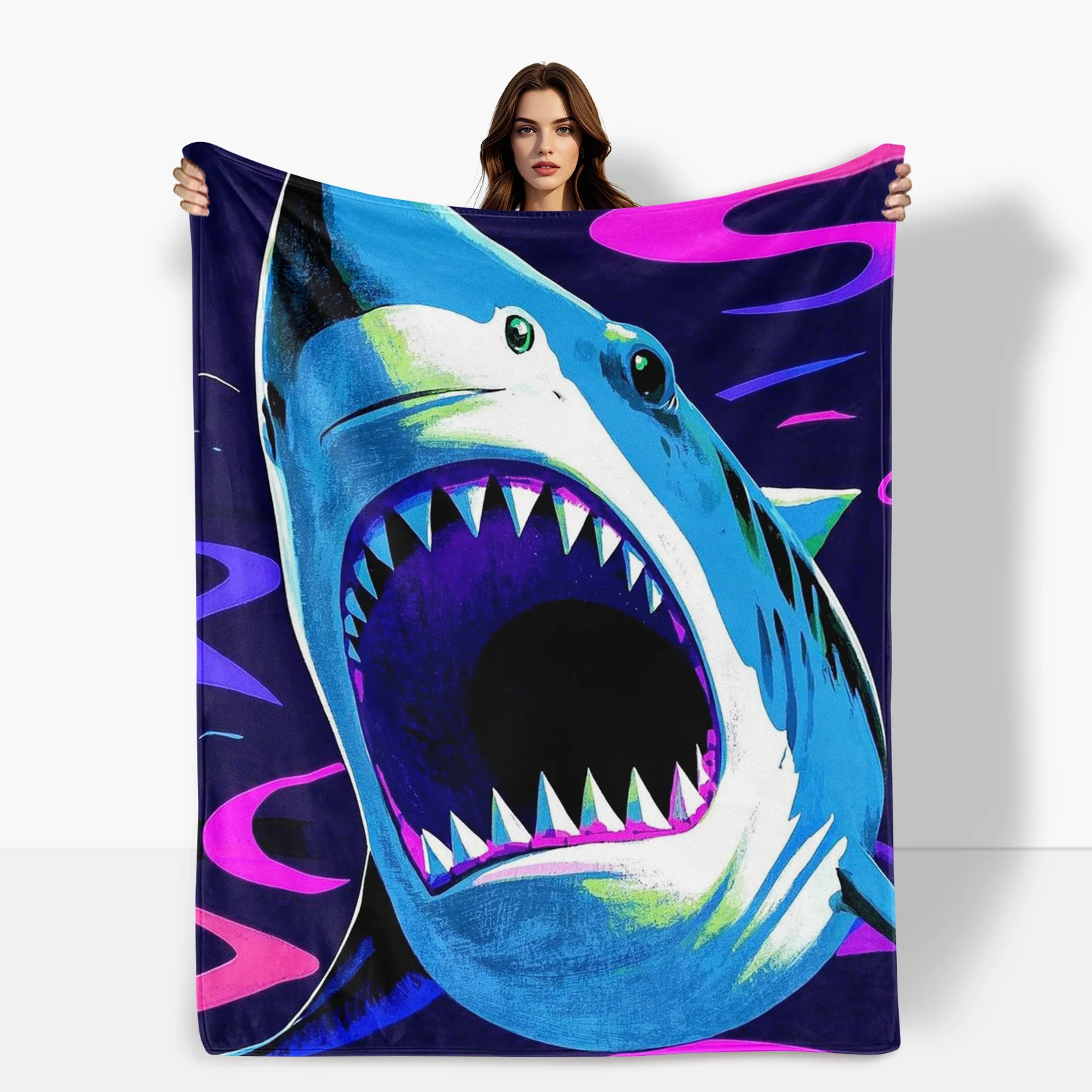 Pop Art Shark Blanket In Blue And Purple Hues With Abstract Design For A Bold And Stylish Home Accent Piece