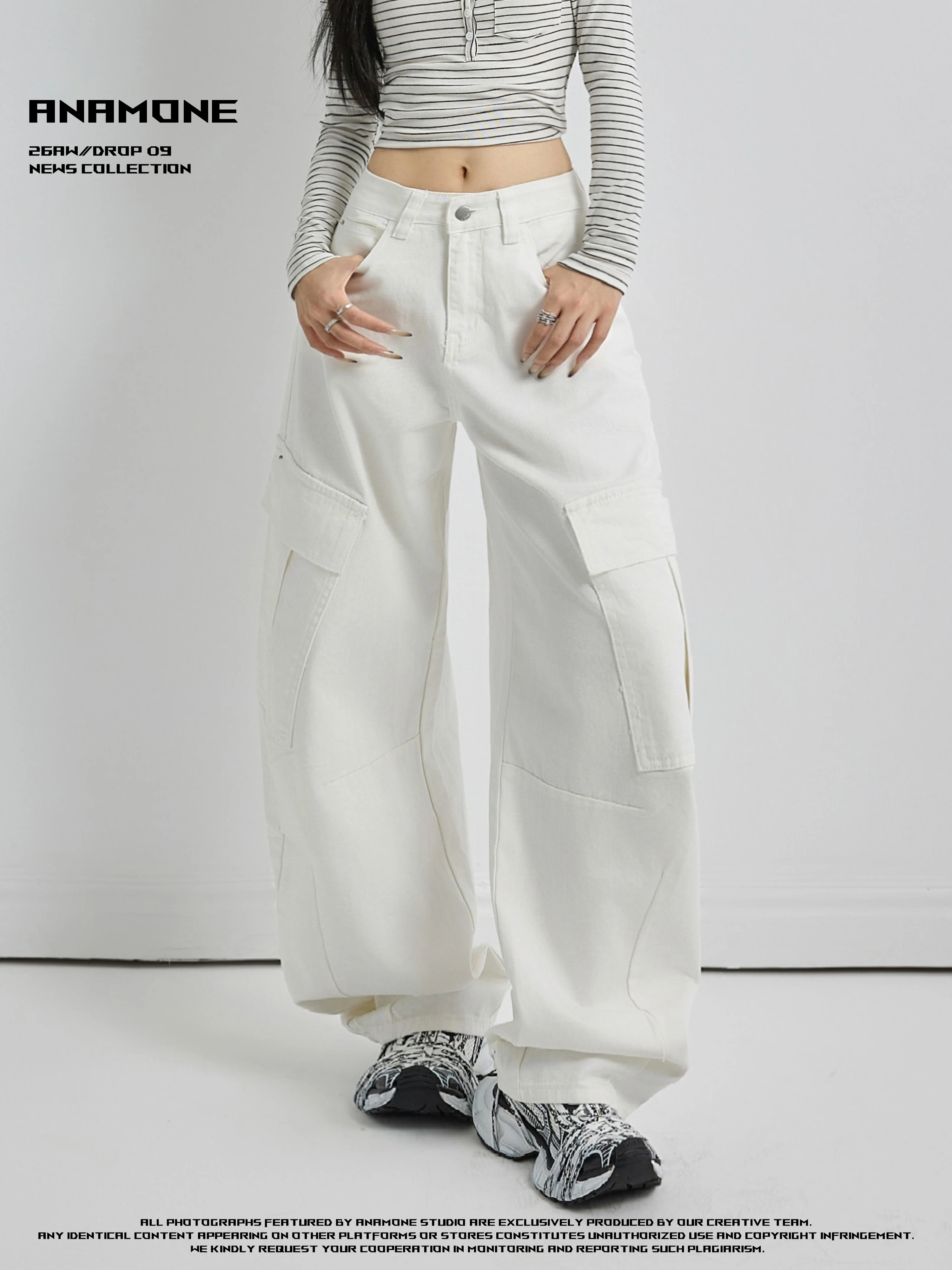 ANAMONE American Retro High Street Loose Knife  Work Pants Women's Autumn Multi Pocket White Jeans Casual Loose Fit