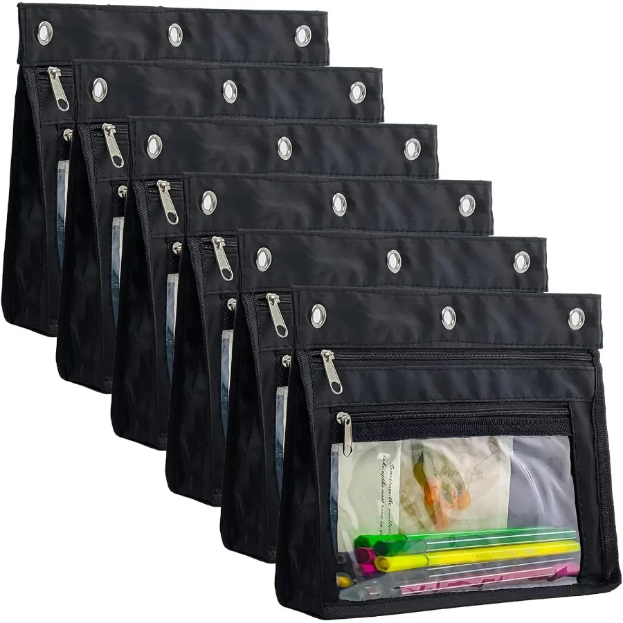 

6 Pack 1 Ih Expandable Zipper Peil Pouches with Clear Window for 3 Ring Binder Suitable for School and Office 6 Black