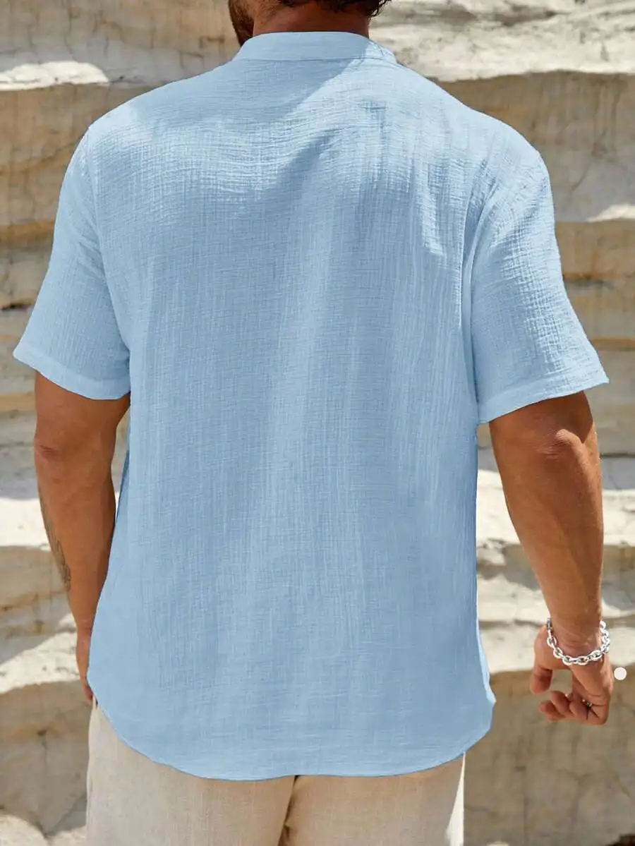 HIMLAND Men's Loose Fit Linen Shirt,Solid Color Half Button Notched Neck Top,Summer Casual Light Blue Shirt,Vacation,Father's