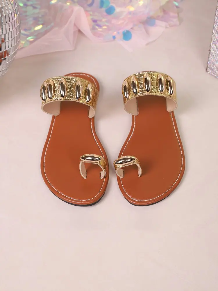 Böhmische Goldverzierte Flache Sandalen - Zehenring-Krokodilriemen-Flip-Flops, Lässige Sommer-Strandschuhe – Detail 1