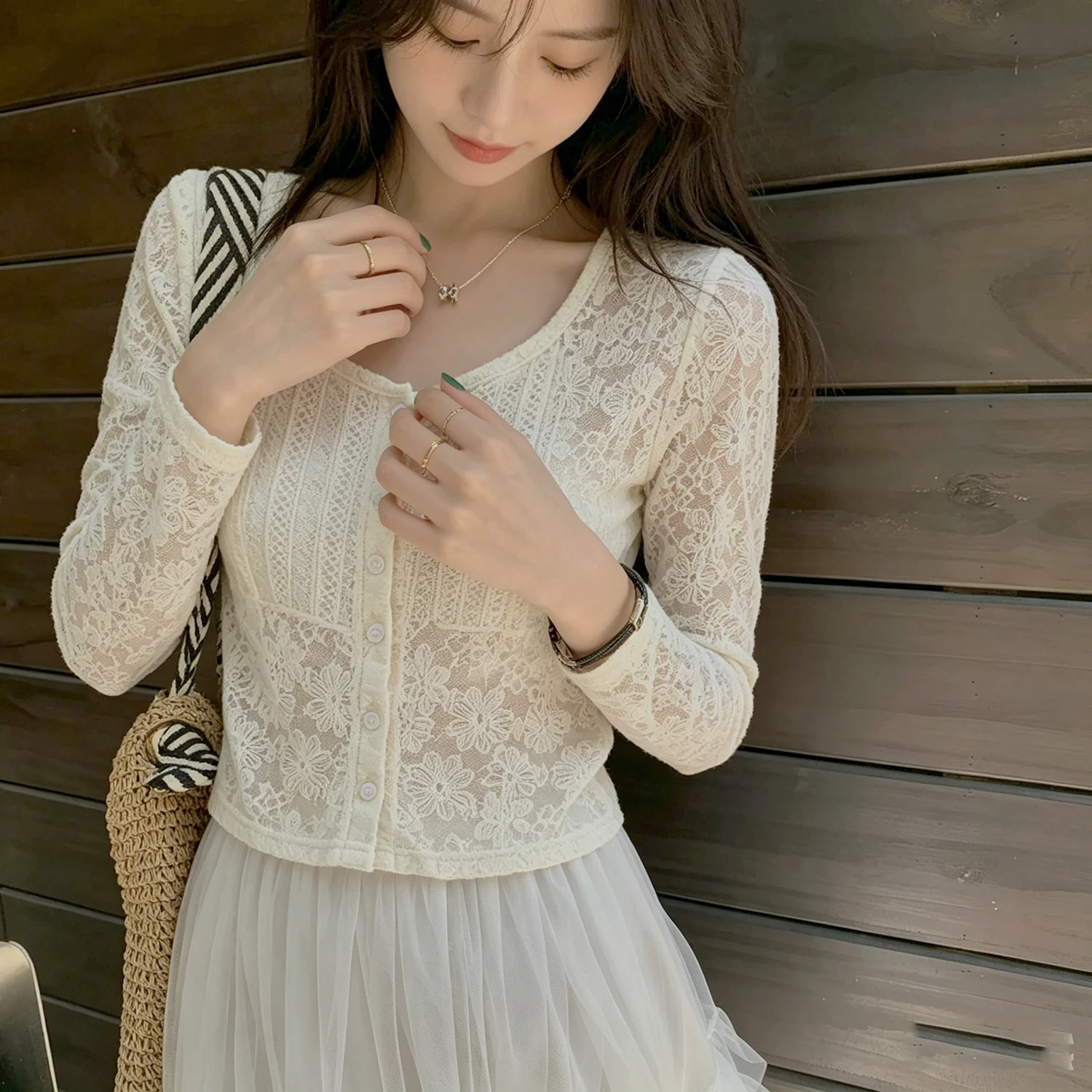 Soft Lace Texture Short Fit Sleeve Long Summer Casual Outerwear Women's Pure Color See through Cardigan Breathable Yoga Cover up