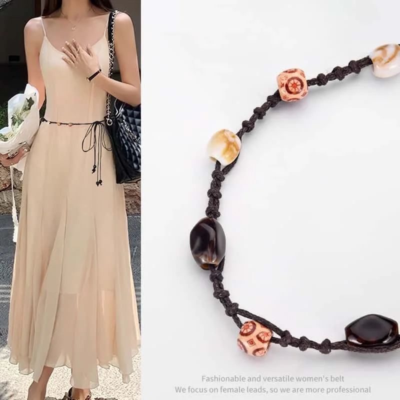 Boho Style Women's Thin Belt Waist Chain Goth Vintage Minimalist Design Dress Trouser Girdle Hand-woven Shell Bead Waist Rope