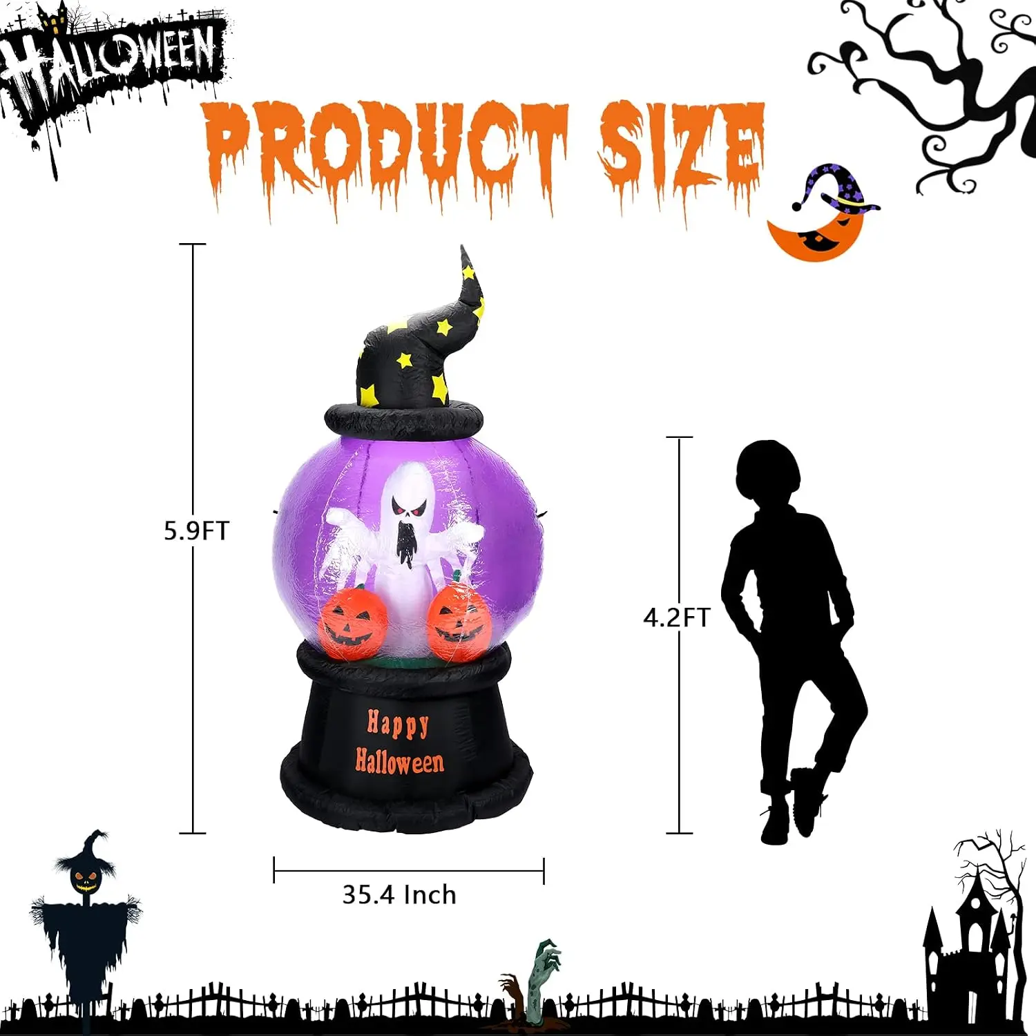Halloween Inflatable with Crystal Ball 6 Ft Tall Outdoor Decorations for Party with Build-in LEDs Home Garden Festive Decoration