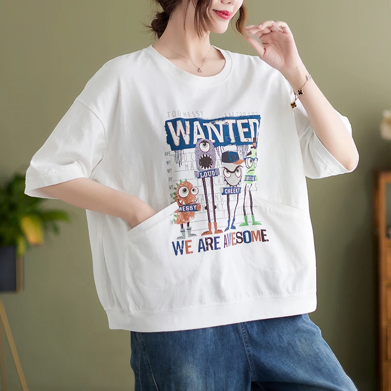 القطن ort Sve قاعدة irt المرأة الصيف عادية فضفاض حجم كبير تي شيرت البطن تغطي مكافحة الشيخوخة الكورية Sle الجولة Ne #4