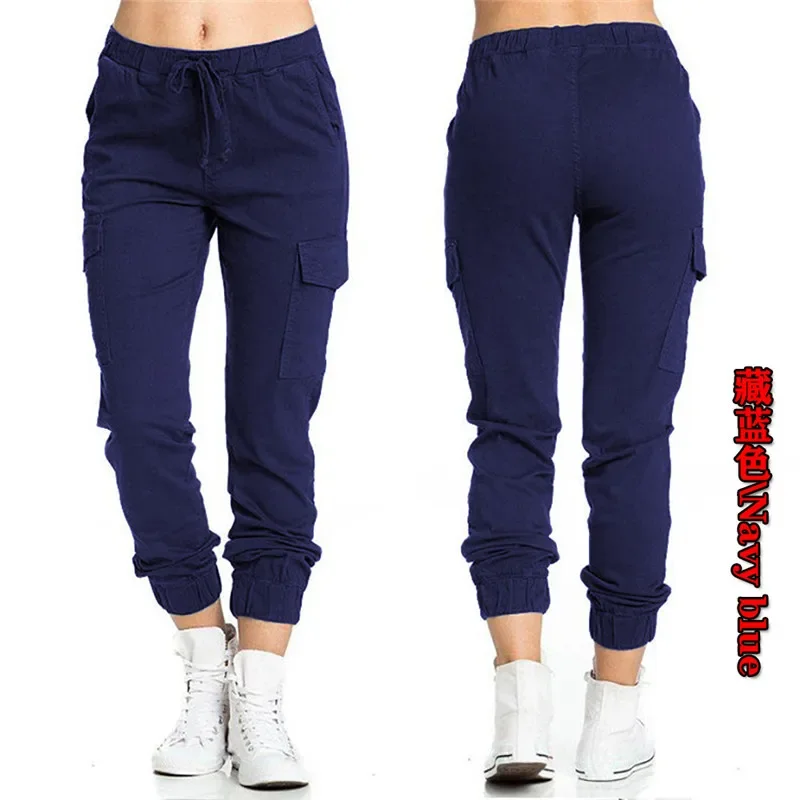 2022 New Solid Jogger Women's Cargo Pants Multi-Pocket Drawstring Elastic Waist Women Sports Pants Streetwear Casual Long Pant - Image 3
