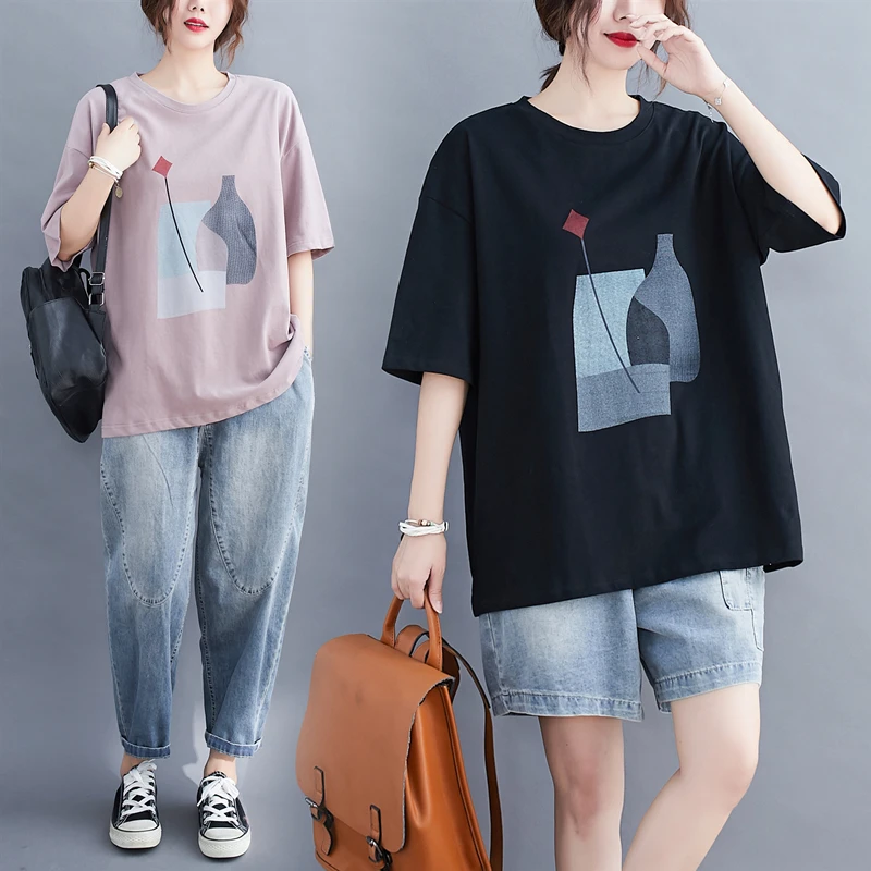 تي شيرت نسائي صيفي فضفاض بمقاسات كبيرة، بأكمام قصيرة مطبوعة، يغطي البطن، متعدد الاستخدامات، للنساء ذوات الوزن الزائد، تصميم ن... #2