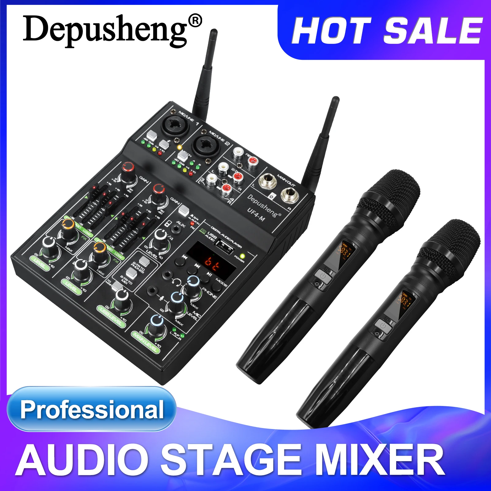 Audio Mixer 4 Channel High Power Amplifier Sound Mixing with Microphone Depusheng UF4-M Digital Board Console for Karaoke Stage