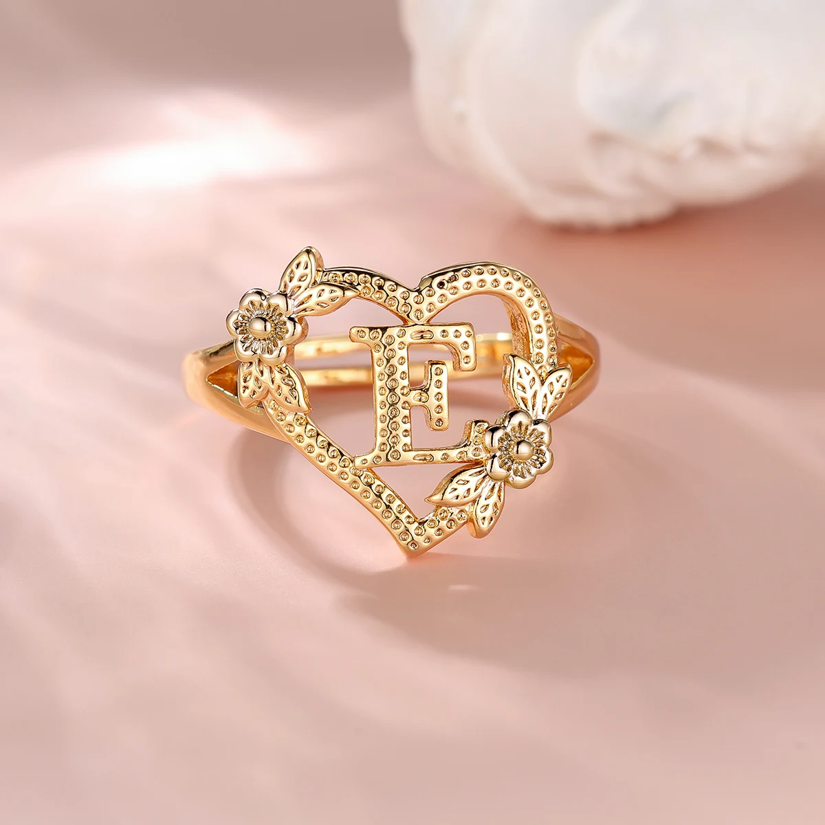 A-Z Letter Flower Wedding Rings Promise Open Gold Color Adjustable Engagement Jewelry For Women